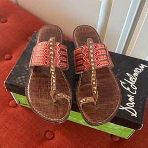 Sam Edelman Brown Leather Thong Sandals with Red & Orange Embroidered Strap